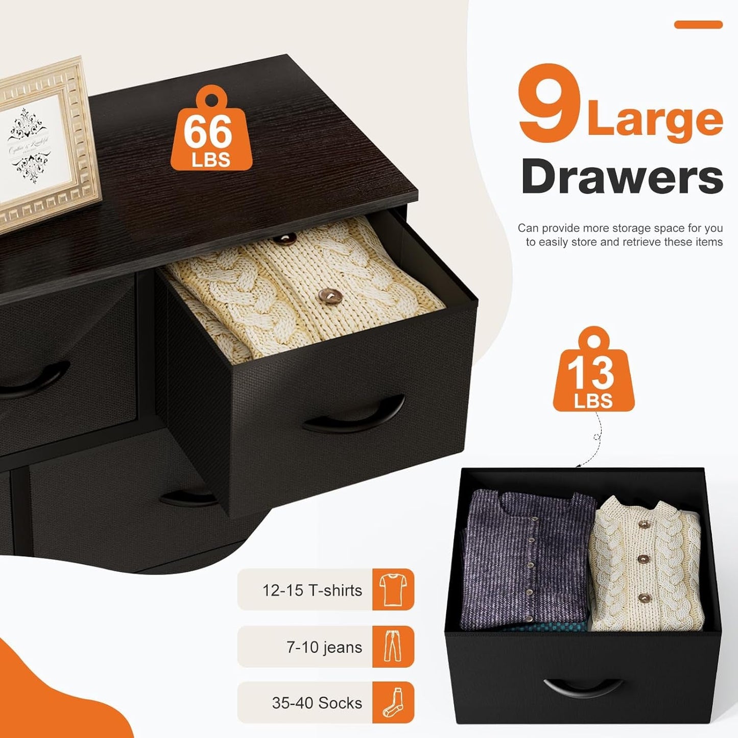 9 Drawer Black Dresser With Integrated Organization