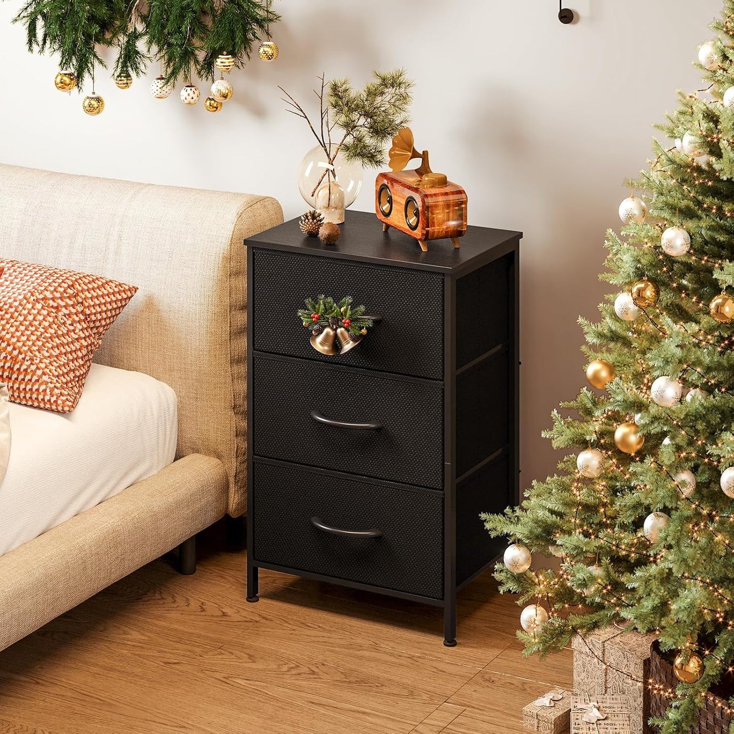 Black 3 Drawer Dresser Nightstand For Bedroom Compact