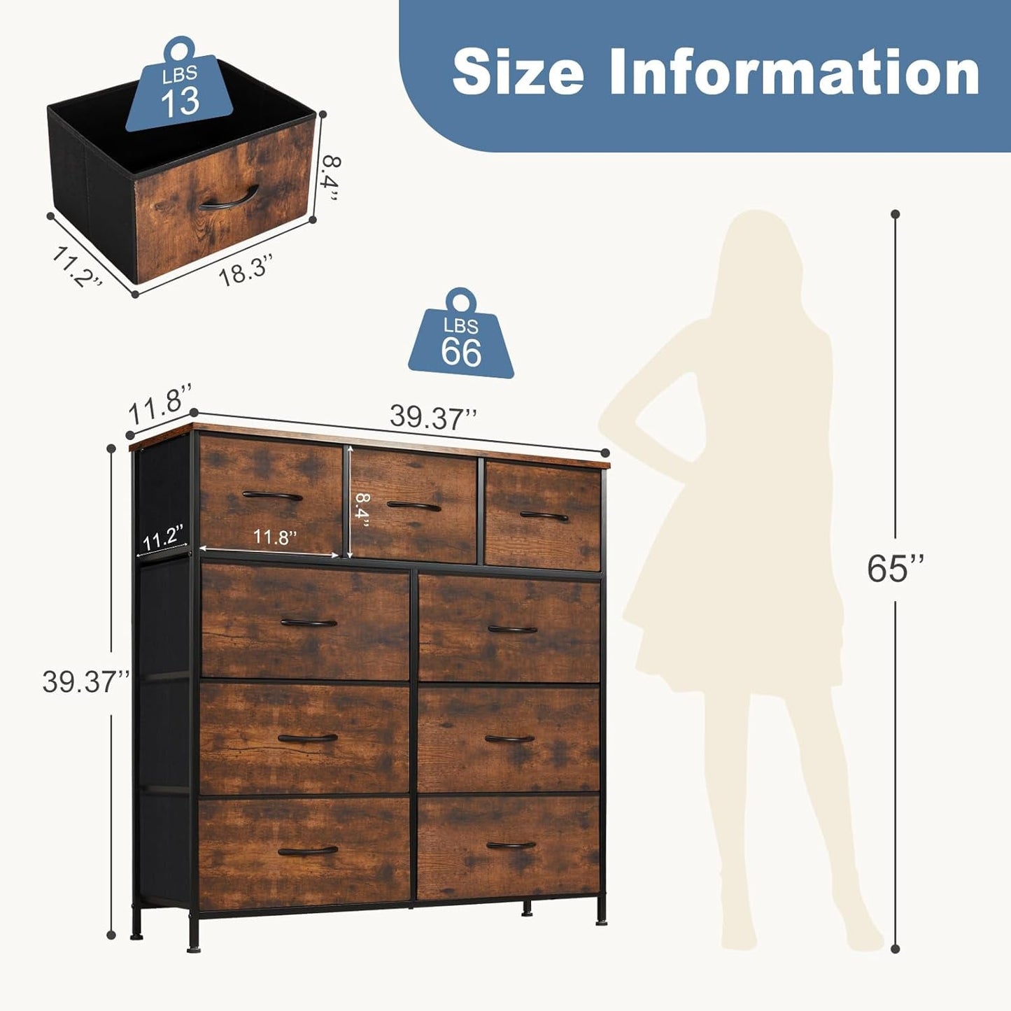Resilient Brown Nine Drawer Dresser With Fabric Bins