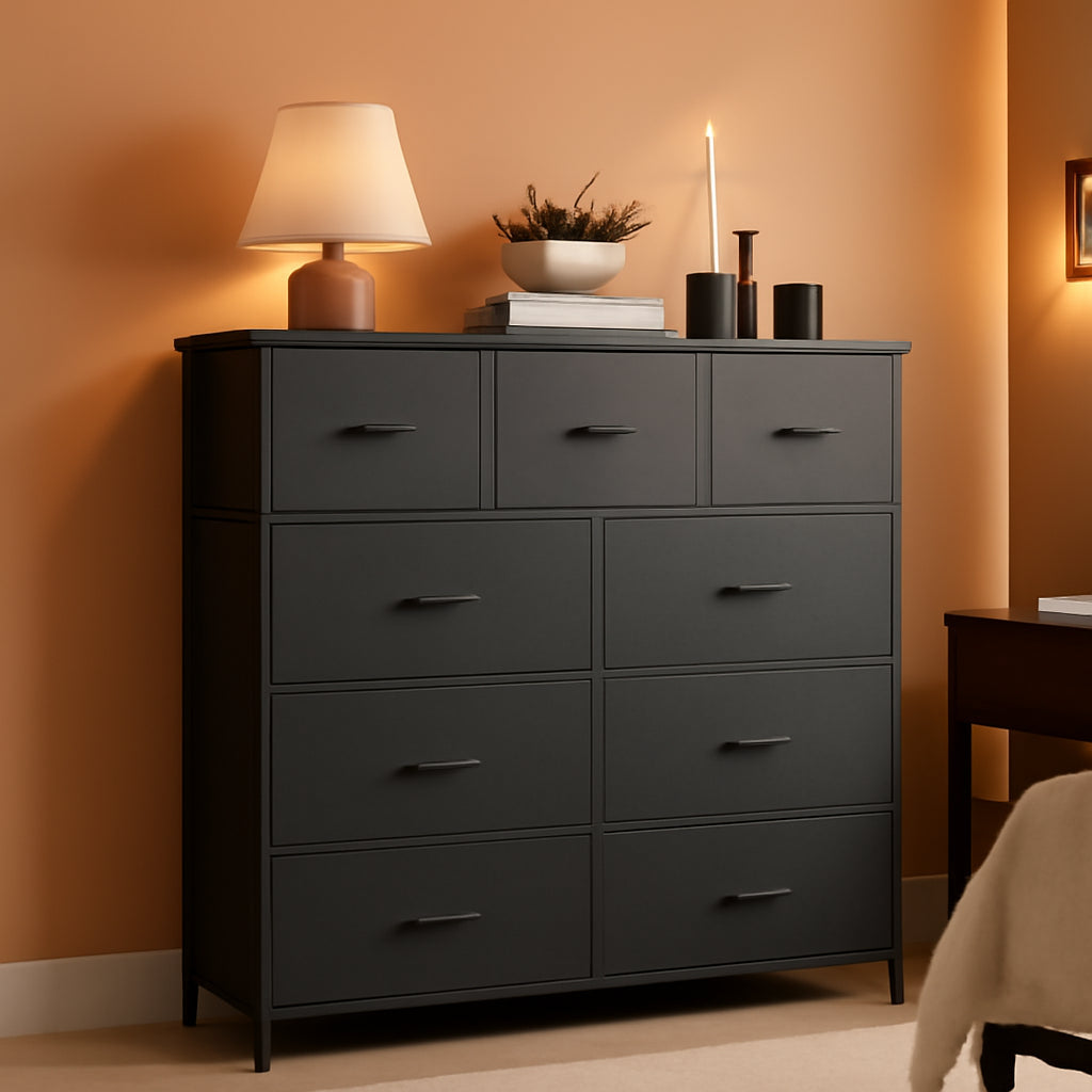 9 Drawer Black Dresser With Integrated Organization