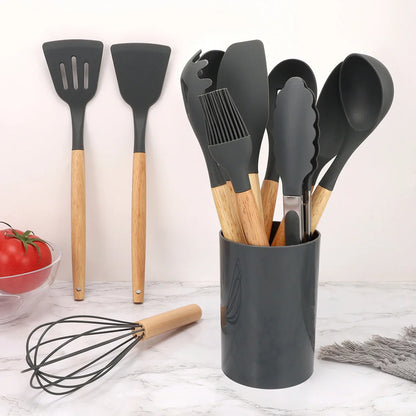 12Pcs Silicone Kitchen Utensil Set with Storage Bucket