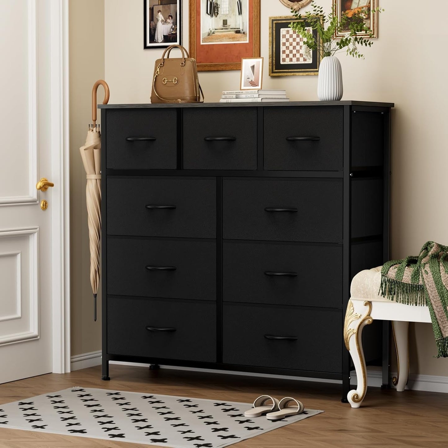 9 Drawer Black Dresser With Integrated Organization