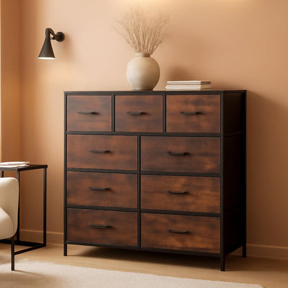 Resilient Brown Nine Drawer Dresser With Fabric Bins