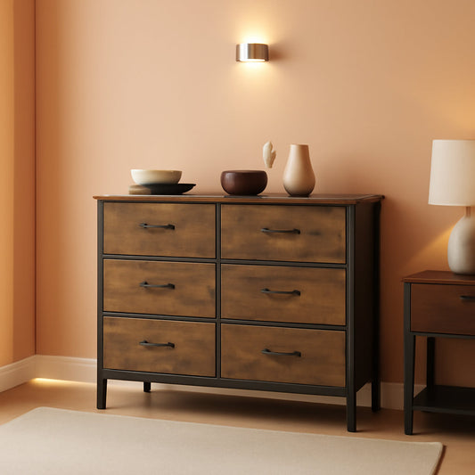 Rustic Brown 8 Drawer Fabric Dresser With Wooden Top