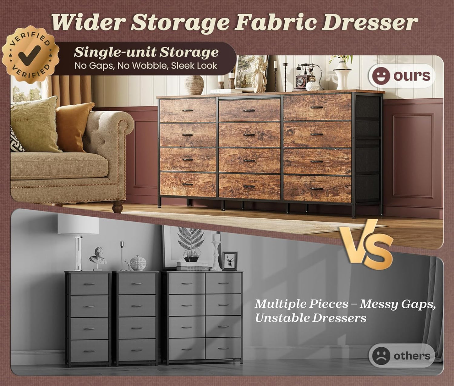 63Inch Dresser With Premium Fabric Drawers RusticBrown