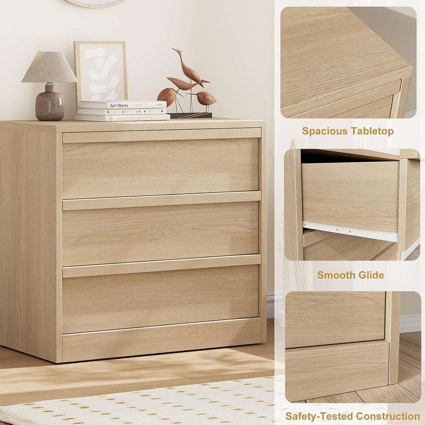 Natural Oak 3-Drawer Dresser With Generous Storage