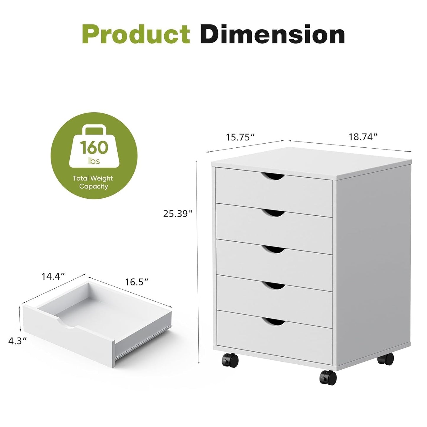 White Wooden Five Drawer Dresser On Reinforced Casters