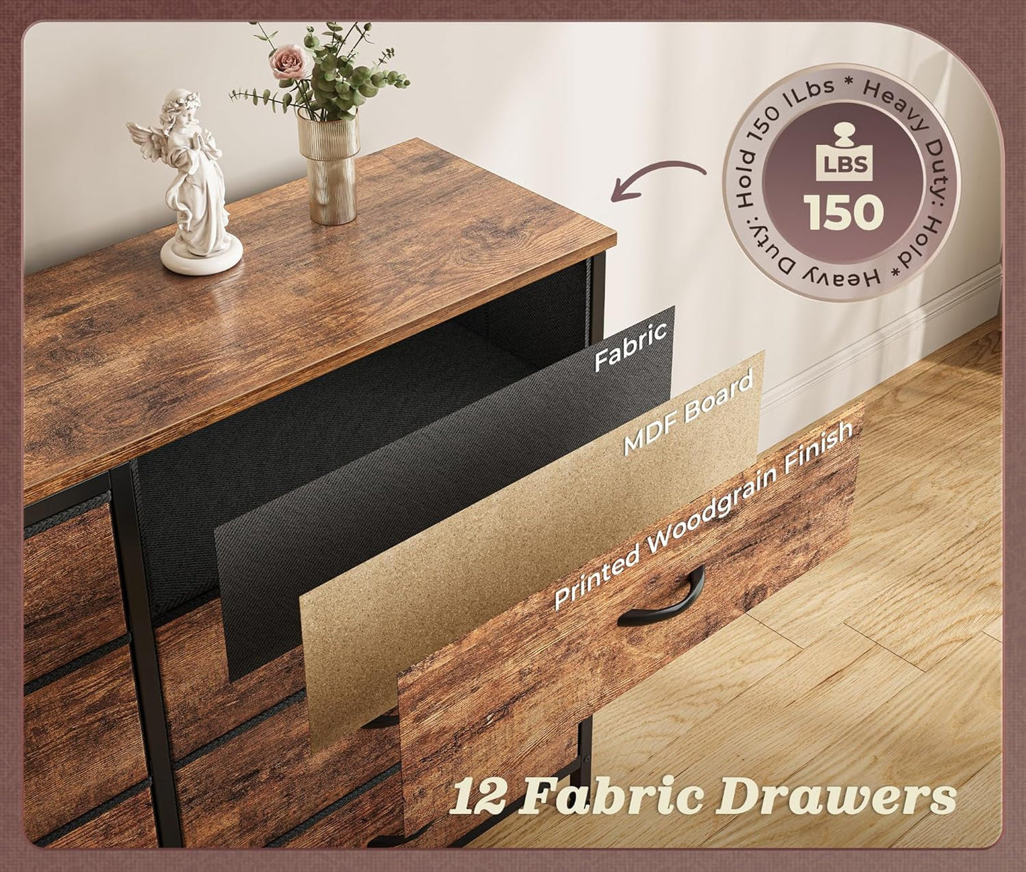 63Inch Dresser With Premium Fabric Drawers RusticBrown