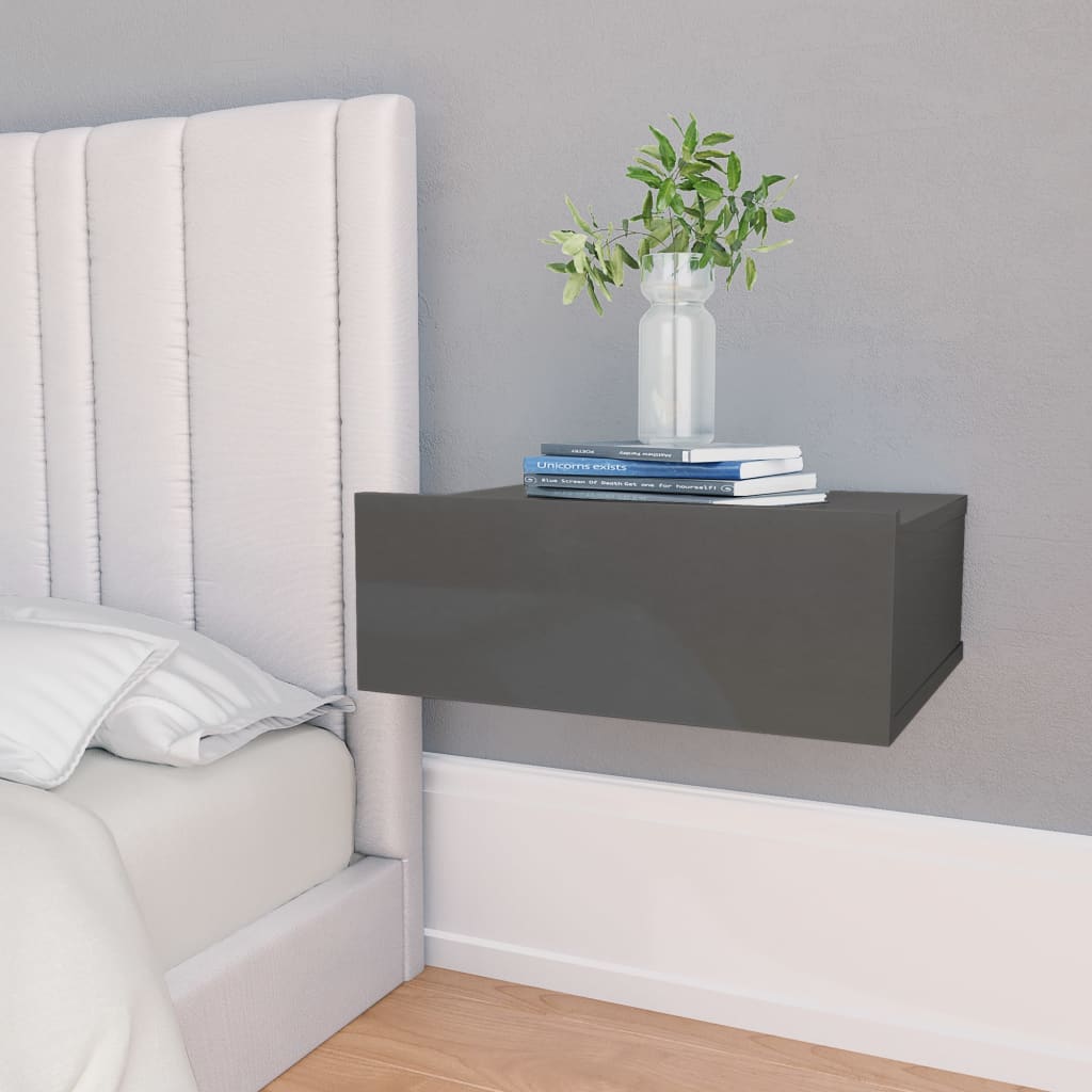 NNEVL Floating Nightstand High Gloss Grey 40x30x15 cm Chipboard