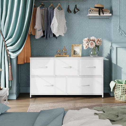 White TexturedFabric Dresser With Five Deep Drawers