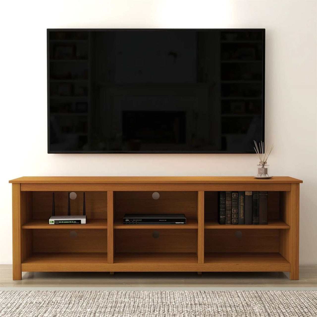 Farmhouse TV Stand in Amber Brown Wood Finish - for TVs up to 70-inch