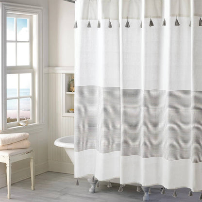 72-inch Grey and White Stripes Cotton Shower Curtain with Tassels