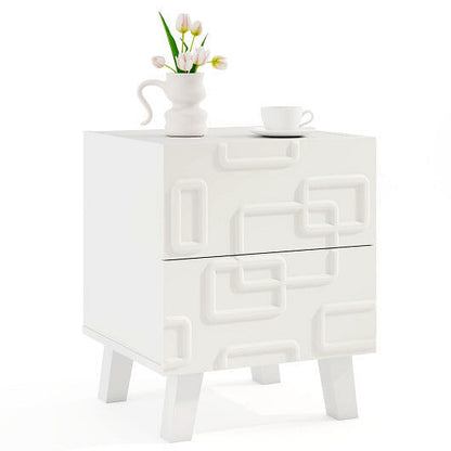 Modern Nightstand Side Table with Drawers and 3D Geometric Patterns-White