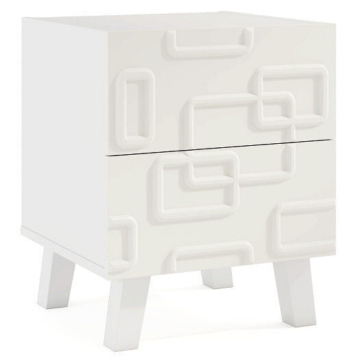 Modern Nightstand Side Table with Drawers and 3D Geometric Patterns-White
