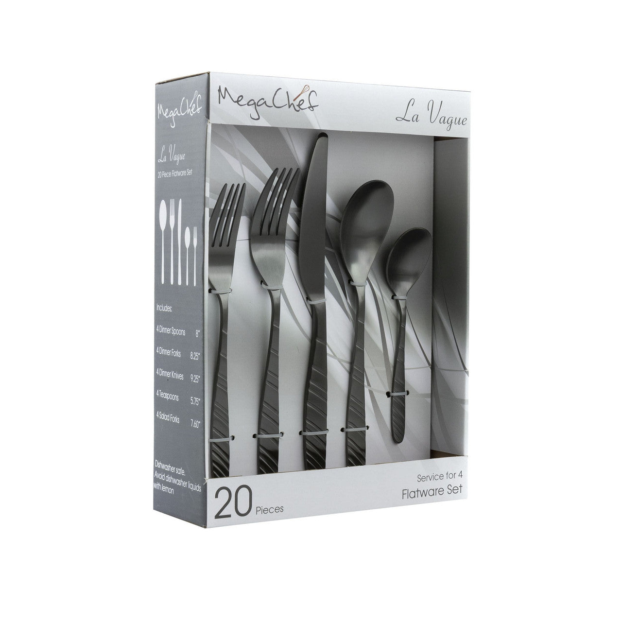 MegaChef La Vague 20 Piece Flatware Utensil Set, Stainless Steel Silverware Metal Service for 4 in