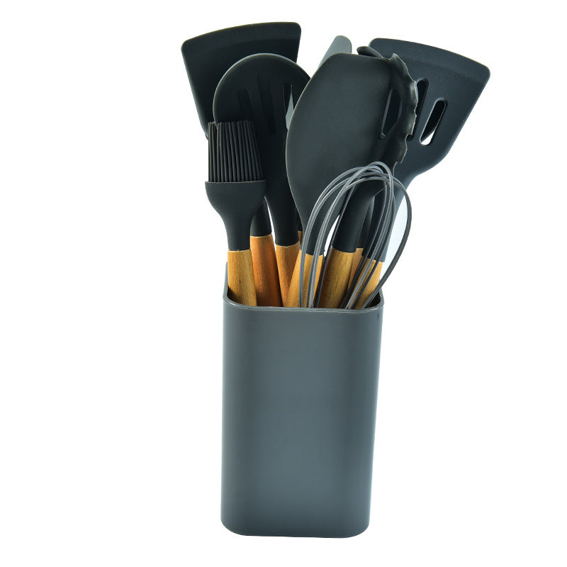 NNEDSZ Black 12-Piece Silicone Kitchen Utensil Set with Beechwood Handles & Holder