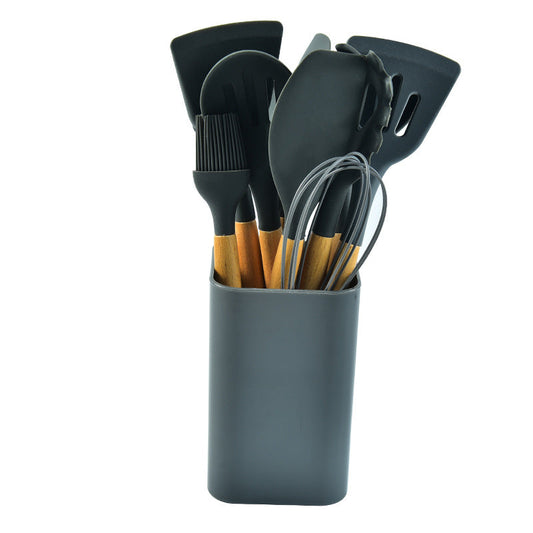 NNEDSZ Black 12-Piece Silicone Kitchen Utensil Set with Beechwood Handles & Holder