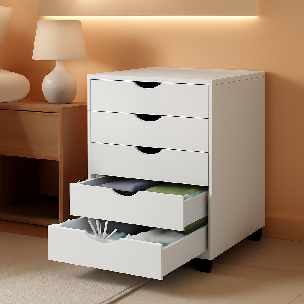 White Wooden Five Drawer Dresser On Reinforced Casters